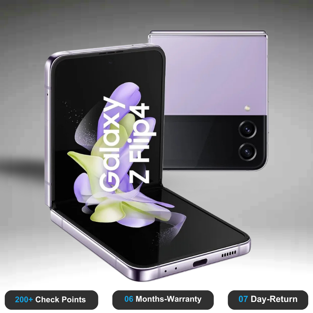 Samsung Galaxy Z Flip4 5G - Refurbished- Experience the quality of new-like condition with zero scratches. Backed by a 6-month warranty and 7-day replacement policy. Shop now at Easyphones!
